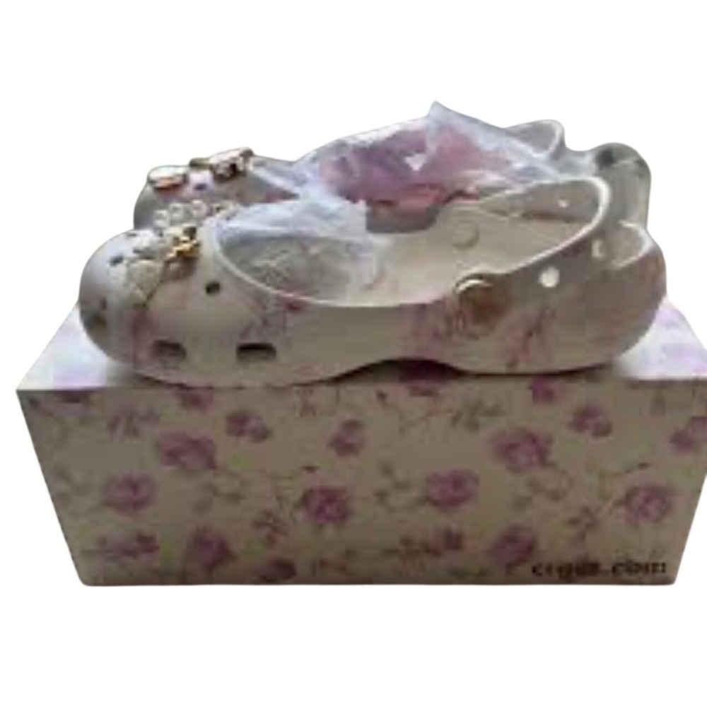 LoveShackFancy Crocs Mary Women White Floral with Ribbon Size 9 Women's
